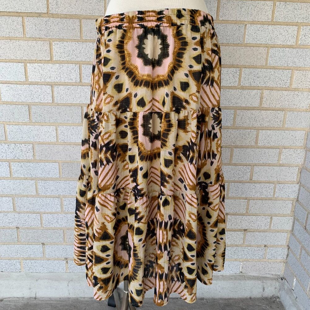 RACHEL ZOE ABSTRACT TIERED MAXI PRAIRIE SKIRT SIZE L HALF LINED PINK BROWN - Picture 6 of 9